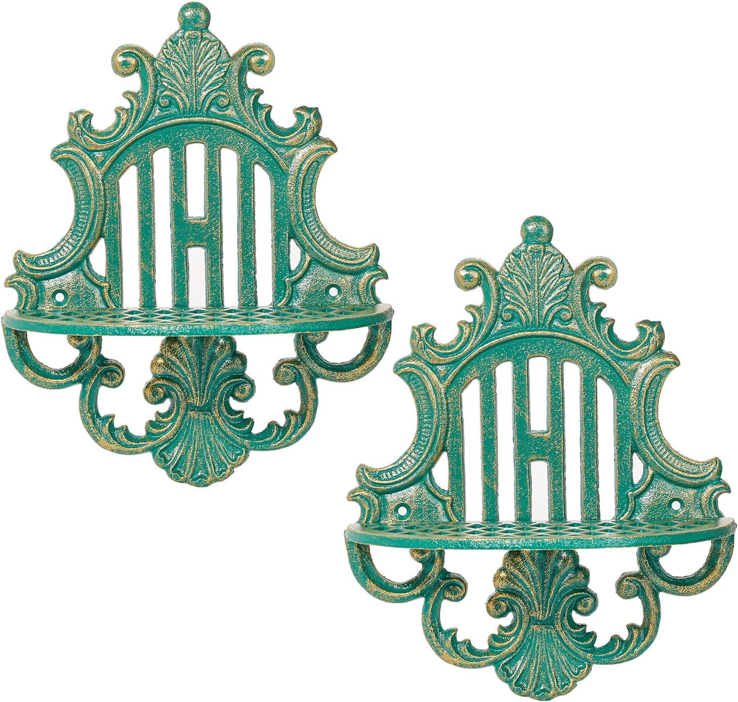 Sungmor 2PC Gothic Floating Shelves for Wall, Heavy-duty Cast Iron Wall Mounted Shelf, Small Old-fashioned Wall Display Ledges, Pretty Greenish-blue Wall Hanging Shelves for Indoor Outdoor Wall Decor