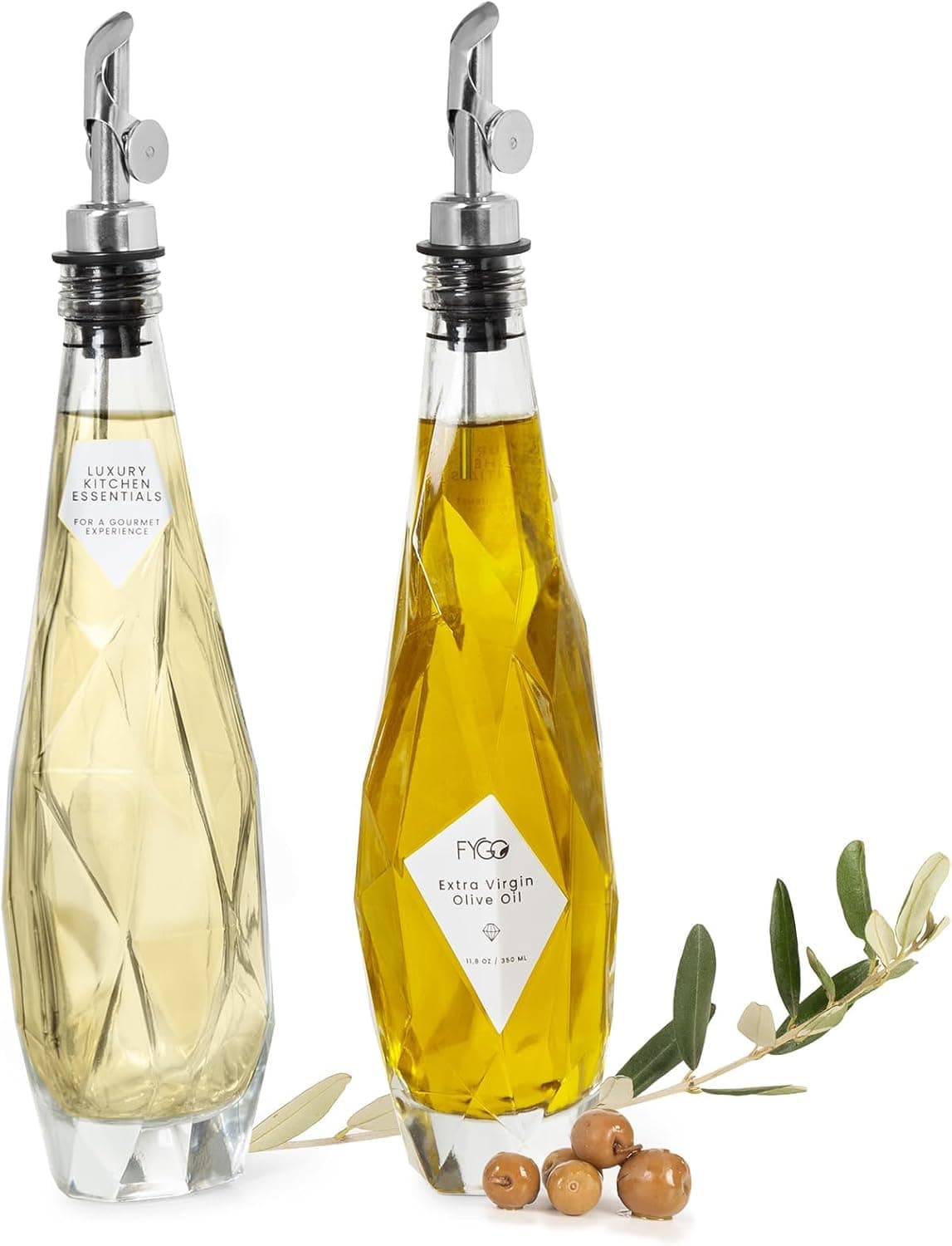 FYGO Diamond Lux Olive Oil Bottle Dispenser - Olive Oil Container- Oil and Vinegar Dispenser Set with Pourer and Funnel - Bottle for Kitchen - 350ml - Set of 2