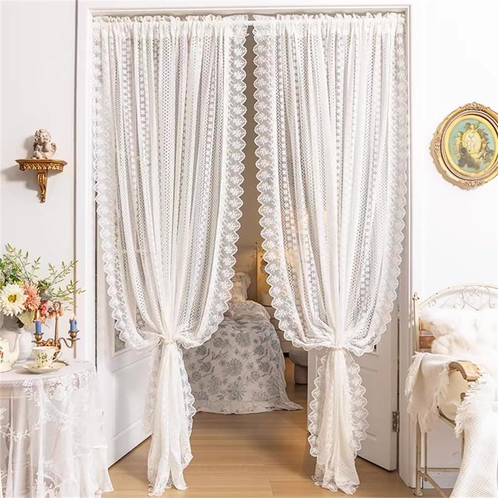 AiFMQQ Romantic White Lace Sheer Curtains for Living Room Bedroom Elegant Hollow Floral Lace Light-Filtering Tulle Drapes for Window Rod Pocket Top 2 Panels (W63 L59 inch,White)