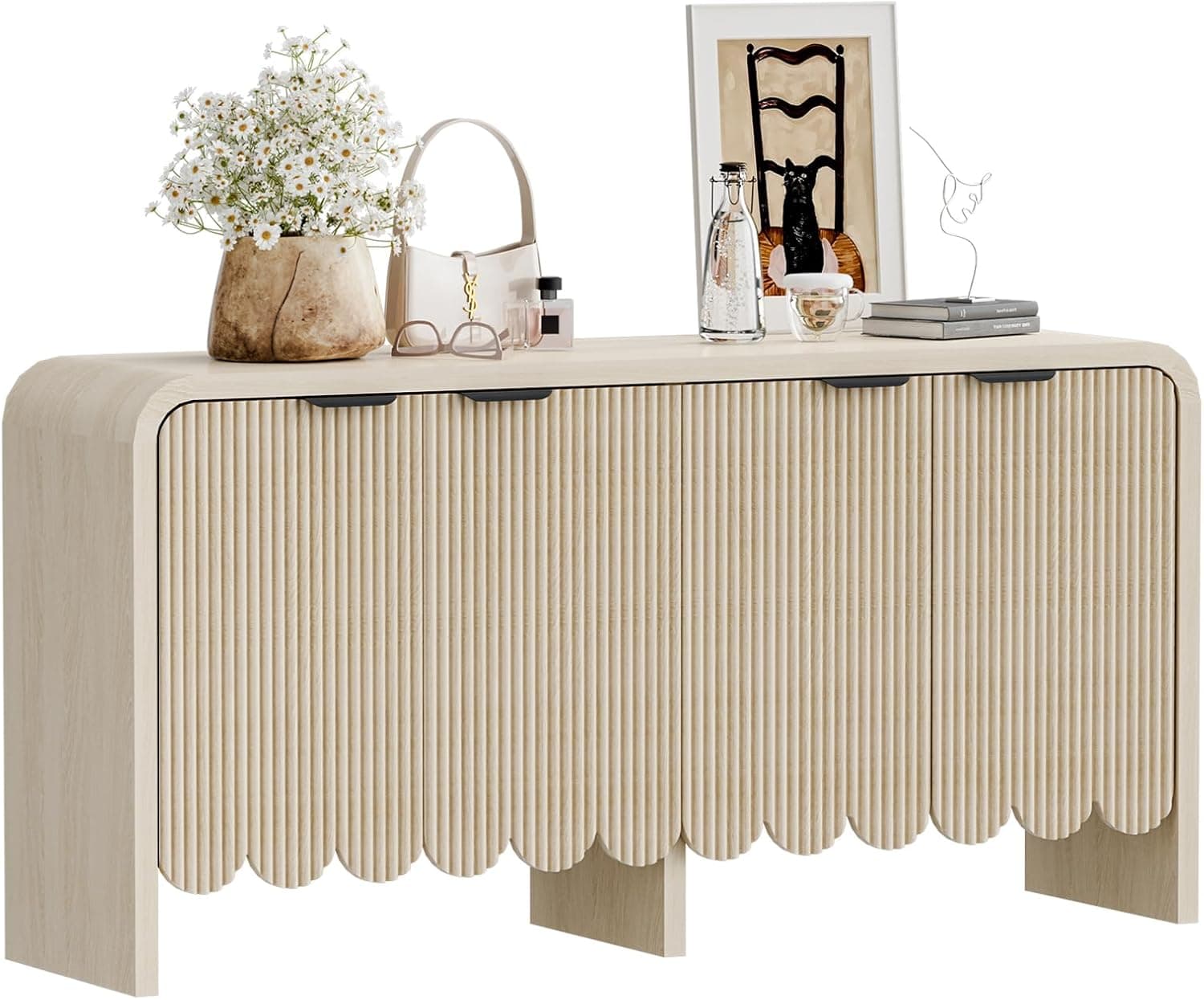 Oakault Modern Wave Fluted Sideboard Cabinet, 4-Door Storage Buffet with Metal Handles, Curved Edge, 59.05 x 15.35 x 29.52 Inches.