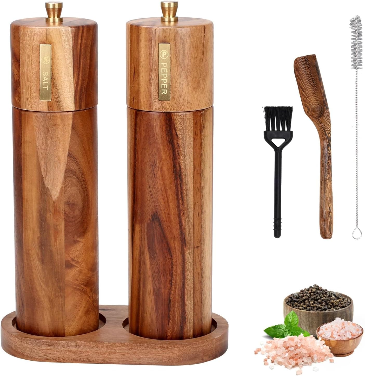 Wooden Salt and Pepper Grinder Set, 8 inch Manual Salt and Pepper Mill with Brush and Spoon, Adjustable Coarseness, Refillable Pepper Grinder for Kitchen, Brown