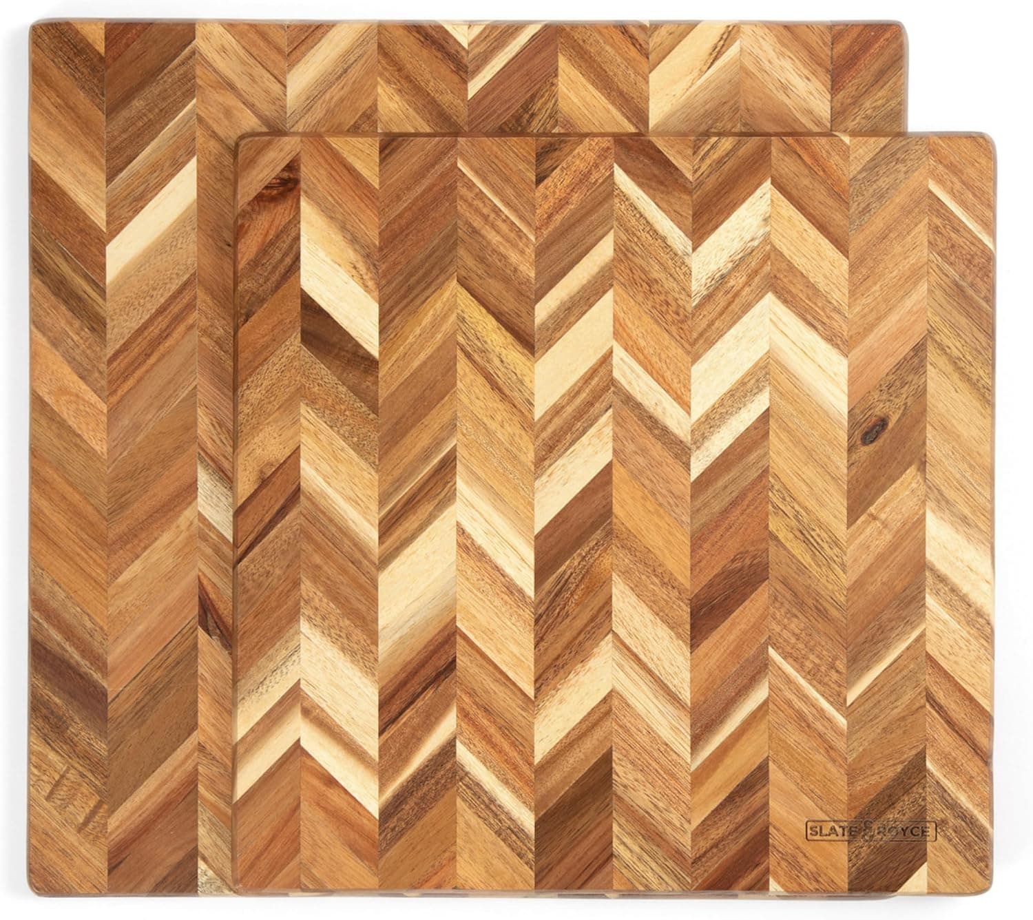 SLATE & ROYCE Acacia Wood Cutting Board Set of 2 - Herringbone Pattern Kitchen Boards - Large & Small Square Wooden Cutting Boards - Premium Charcuterie Boards - Serving Tray - With Gift Box